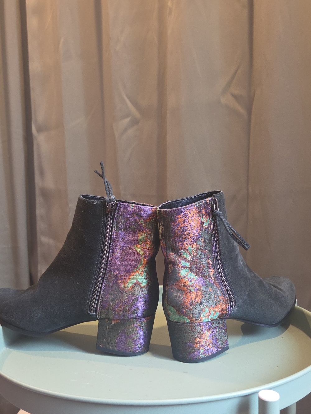 Iridescent Green Suede Ankle Boots - Women's Fashion Booties